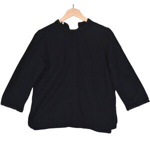 Zara Basic Black Linen Cotton Blouse M Loop Trim Minimalist Cottagecore